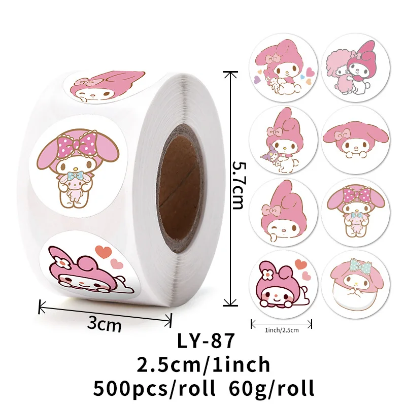 

New 500PCS Sanrio Mymelody Round Sealing Stickers Roll Coated Paper Self-adhesive Cartoon Children's Kawaii Stickers