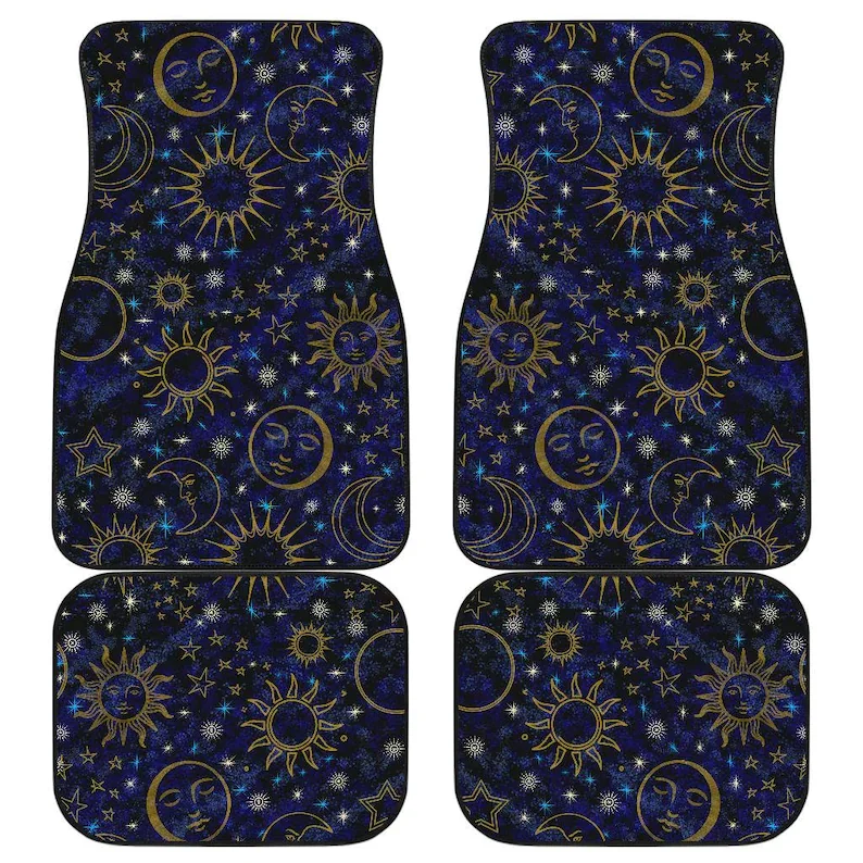 

Celestial Black Blue Night Sky With Gold Suns Moons Stars Car Floor Mats Set of 4 Front and Back