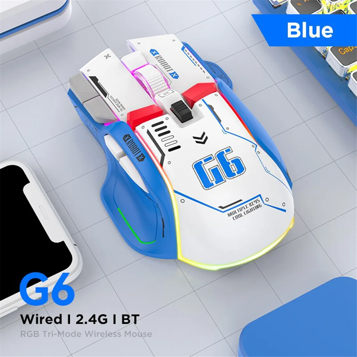 Фото Беспроводная игровая мышь G6, 3 режима, 4000 DPI, 11 RGB подсветки, перезаряжаемая Бесшумная компьютерная игровая мышь, белая №2