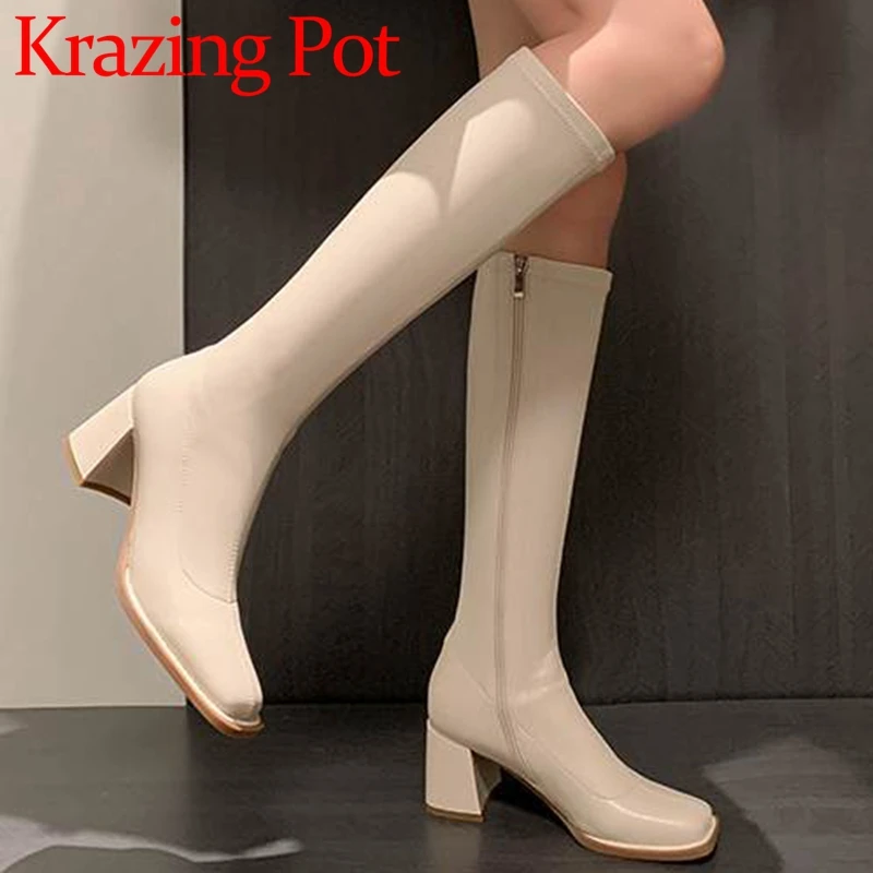 

Krazing Pot Microfiber Square Toe Med Heels Riding Long Boots Fashion Gentlewomen Thin Leg England Style Zipper Thigh High Boots