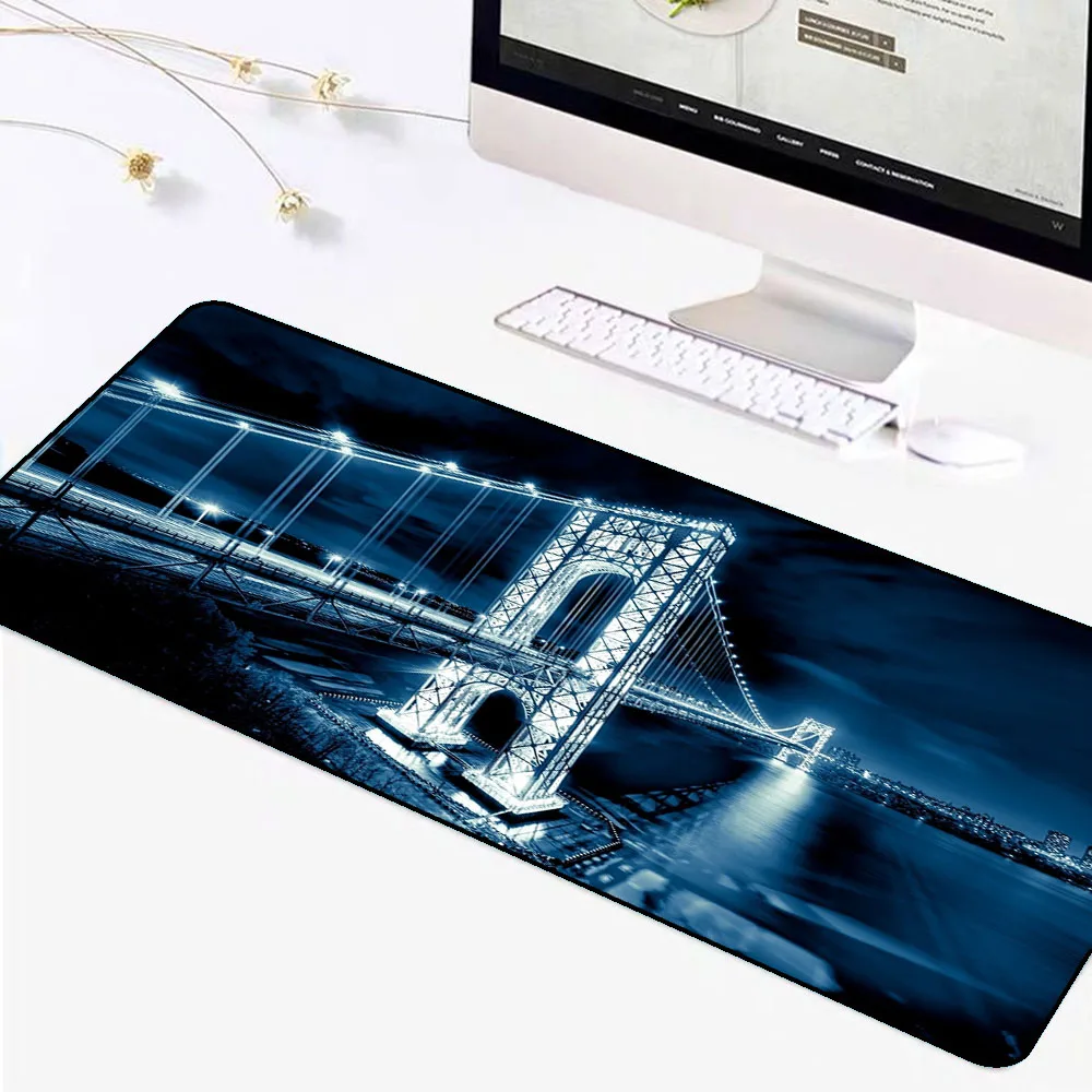 Night View of The George Washington Bridge Illuminated By Lights Large Black Mousepad Lock Laptop Office Gaming Accessories Desk