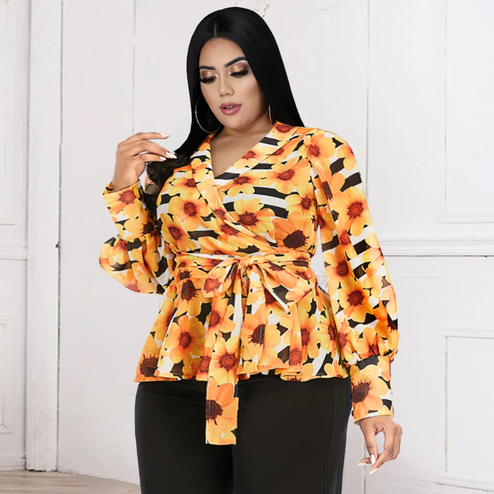 

Blouse High Waist Chiffon Print V-Neck Loose Cardigan Strap Irregular Shirt Slim Top Women Summer Blouse African Office Lady