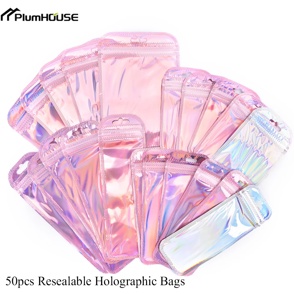 

50pcs Resealable Holographic Bags Eyelash Packaging Bags For Lip Gloss Lash Foil Small Ziplock Bags 4 Sizes