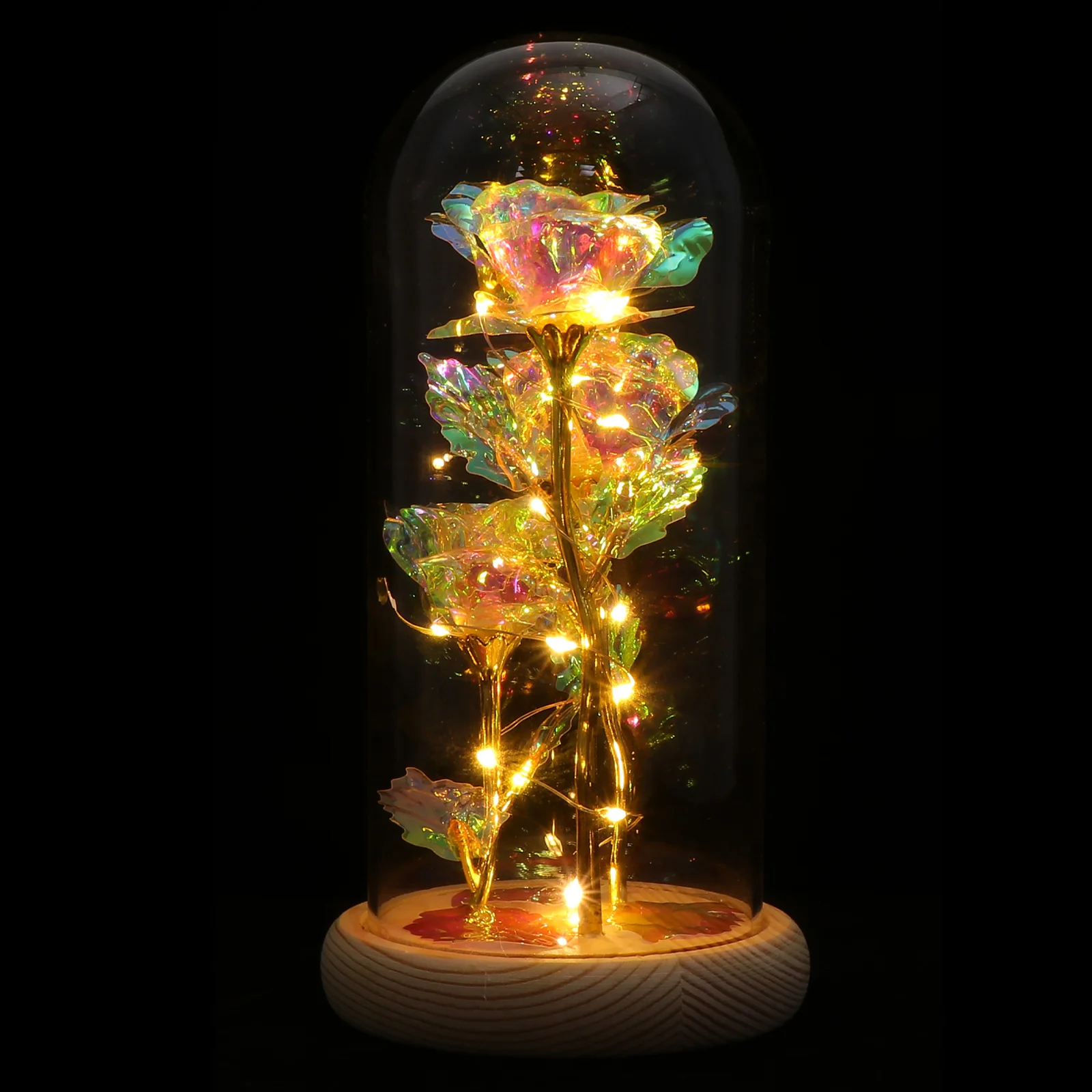 

Rose Lantern Crystals Decor Glowing Glass Dome Fake Flower Cover Adorn Luminous Desktop Adornment Chic Ornament Woman Home