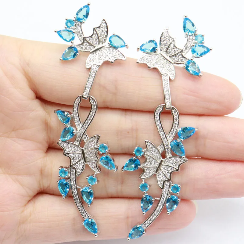 Великолепные Длинные большие тяжелые серьги 75x25 мм 14 3 г швейцарский синий топаз