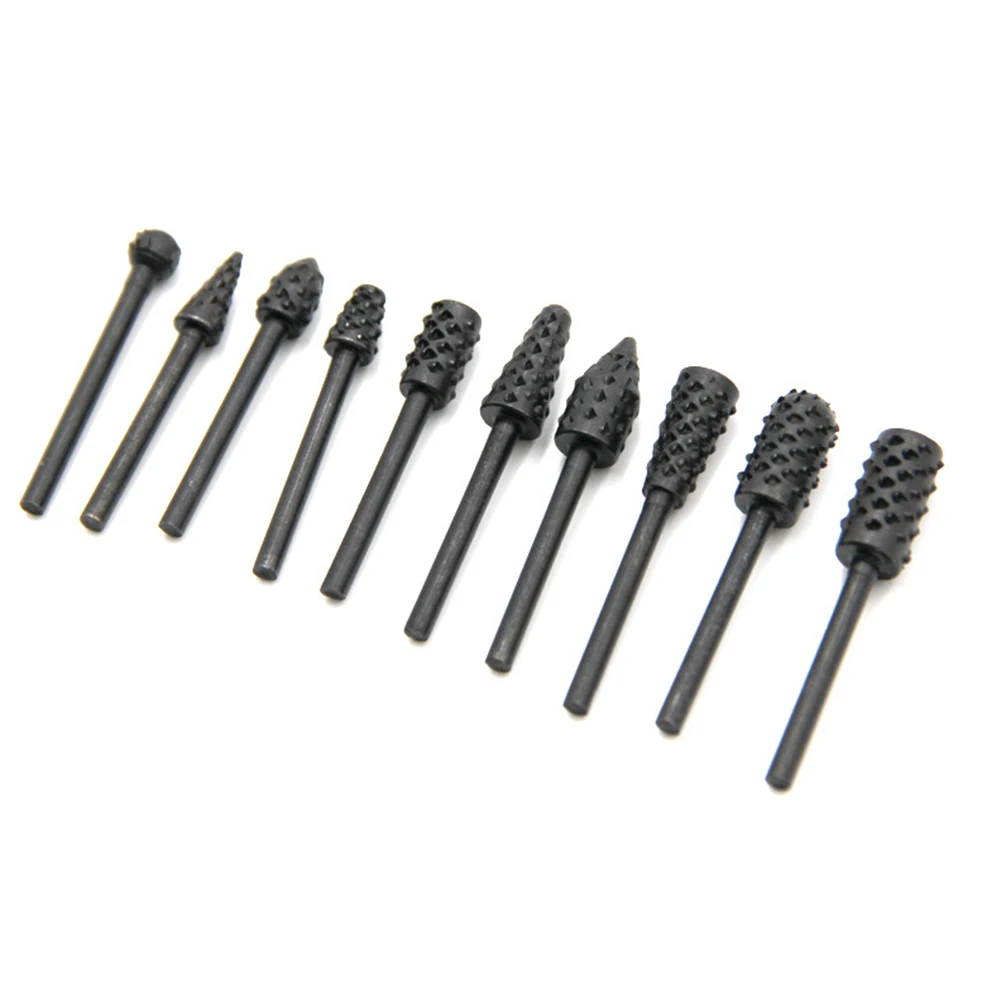 10pcs 3mm Shank Rotary Burr Rasp Set Carbon Steel Wood Carving File Drill Bits Mini Round Burr Wood Carving File Rasp Power Tool