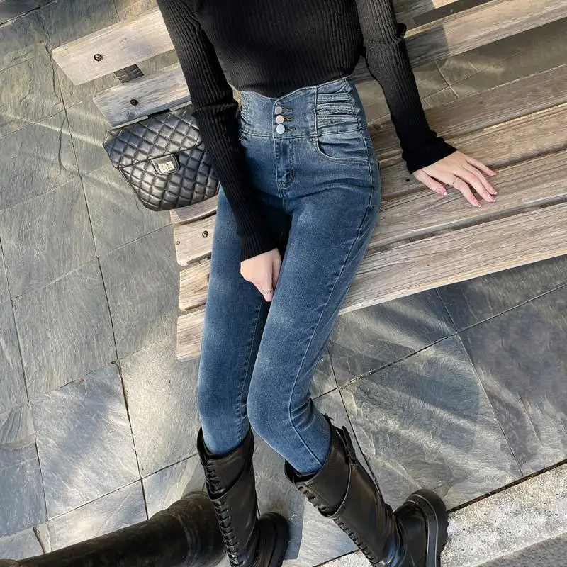 Женские джинсы с высокой талией синие скинни повседневные Прямые