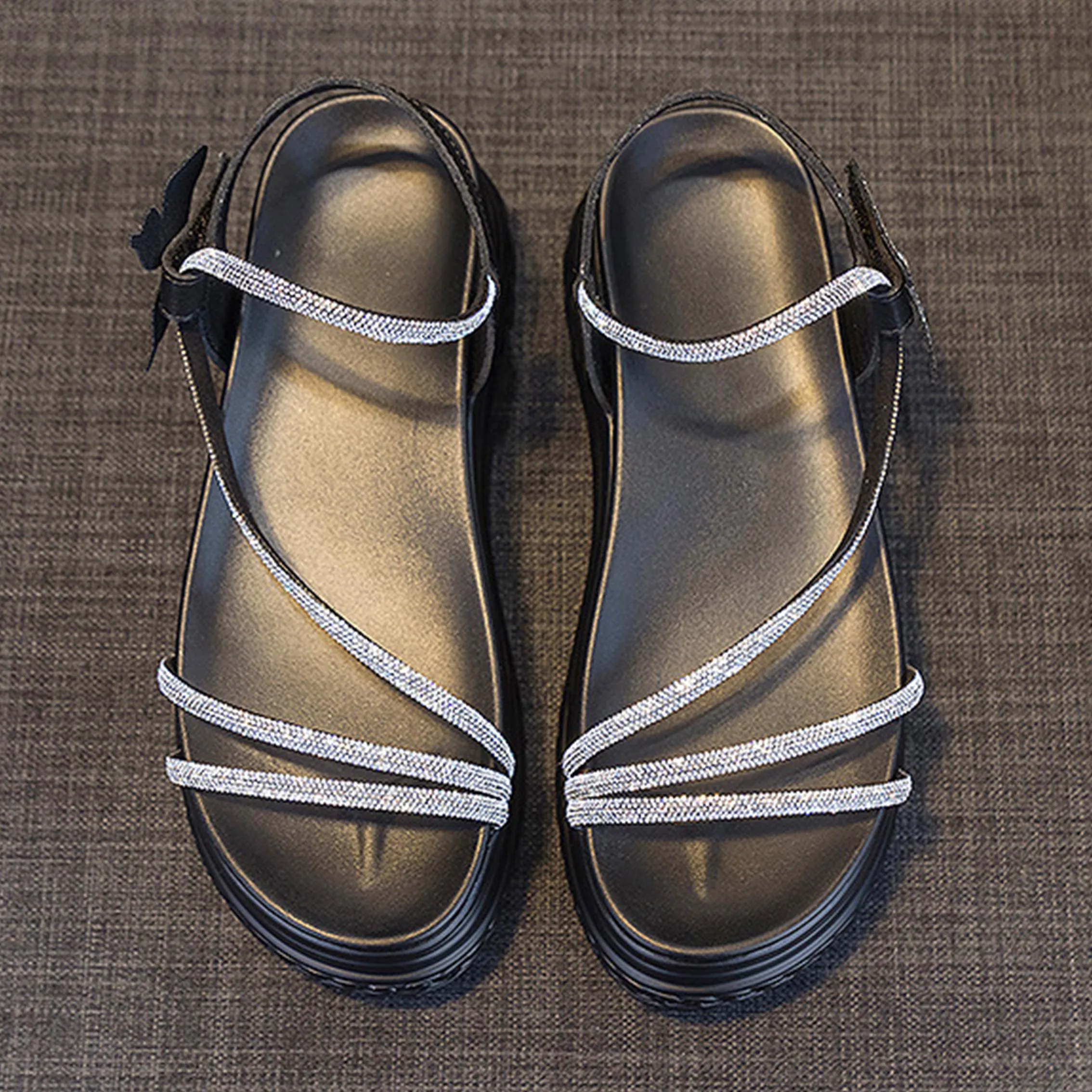 Bow Deco Rhinestones Design 7cm Platform Women Sandals Genuine Leather Women Hook&loop Slippers Ladies Wedge Chunky Shoes