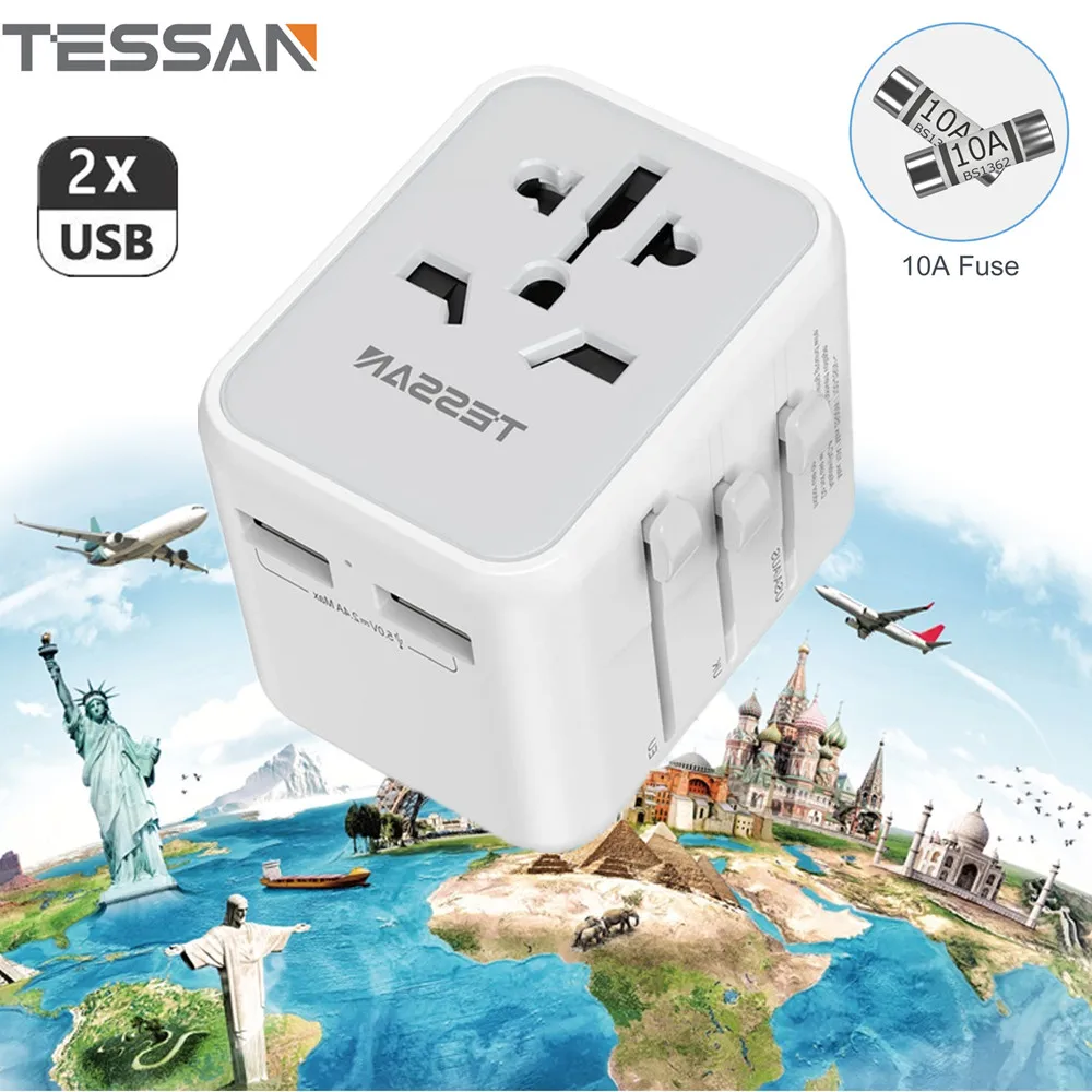 

Универсальный адаптер TESSAN все в одном, переходник с международной вилкой, 2 USB, мировое путешествие, адаптер для зарядного устройства переме...