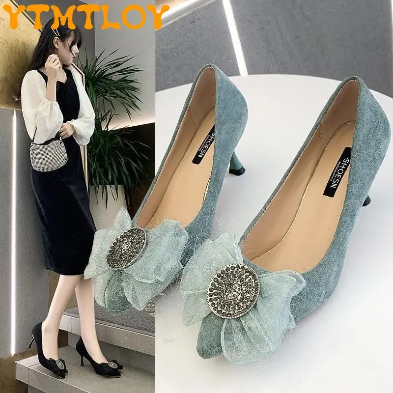 

A generation of beauty 2021 new sweet bow shallow mouth women's suede pointed toe stiletto heels fashion temperament women's sho