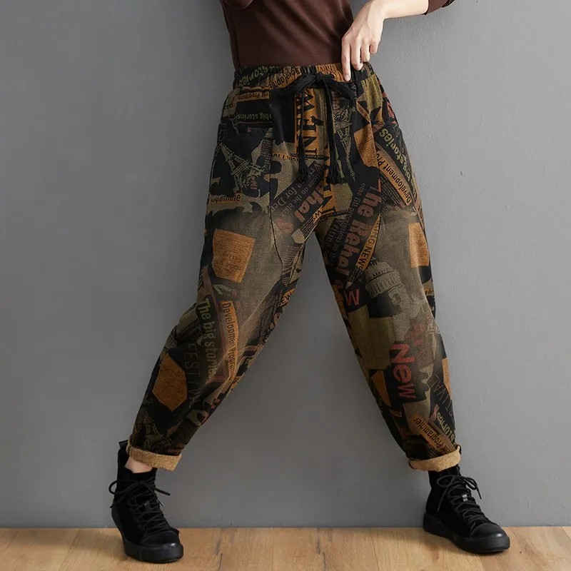 

2021 New Arrival Autumn Women Loose Casual Vintga Print Ankle-length Pants Jeans Elastic Waist Cotton Denim Harem Pants W681