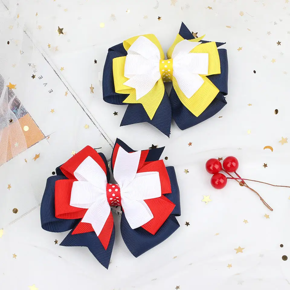 

5.5 inch 20PCS multi color stacked fish tail ribbon hair bow with clip baby girls fashion barrette for children