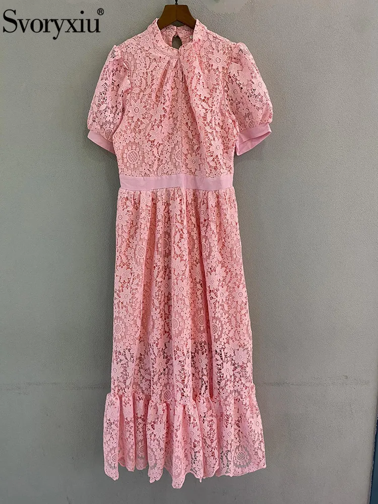 

Svoryxiu High Quality Summer Designer Runway Pink Midi Dress Women's Puff Sleeve Lace Hollow Out Ruffle High Waist Party Dress