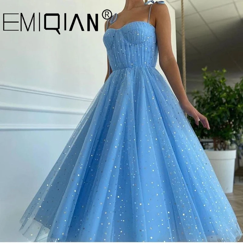 Blue Sweetheart Sparkling Starry Tulle Prom Dress Hot Sale Sleeveless Sequined Evening Dress Plus Size A-Line Party Dress