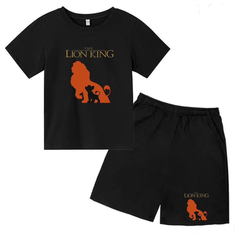 Lion King Simba T-shirt Disney Children's Anime Charm Clothing for Boys and Girls Summer Casual Wear Short Sleeved Shorts 2-piec