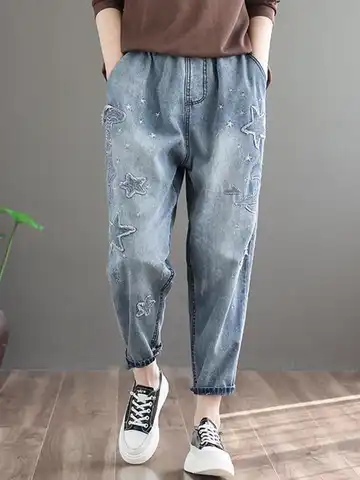 Women Casual Jeans New Arrival 2022 Spring Vintage Style Streetwear Star Embroidery Loose Female Denim Harem Pants D243