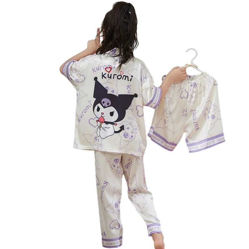 

Kawaii Sanrios Летняя женская одежда с коротким рукавом ледяной шелк Комплект из трех частей мультфильм Kuromi домашние пижамы Рождественский подарок на день рождения