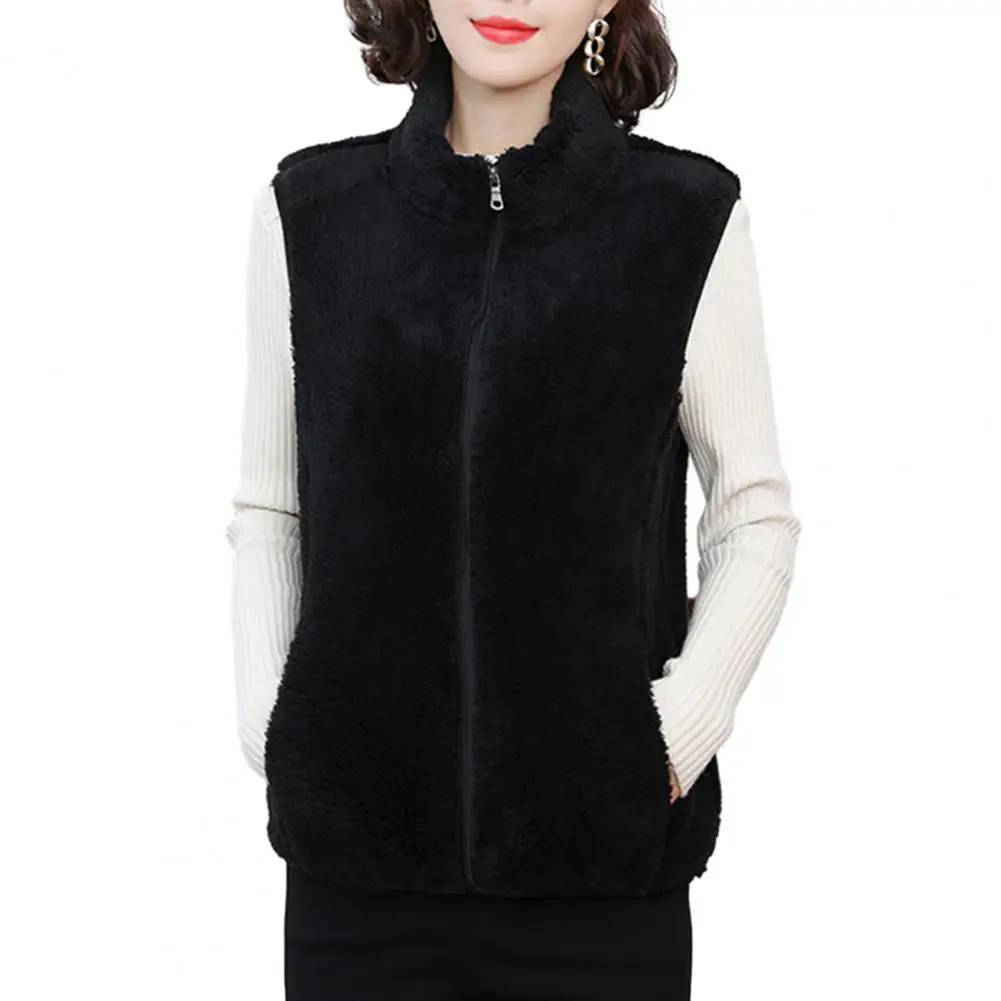 

Women Solid Color Fleece Vest Cozy Stylish Women's Plush Waistcoat Warm Sleeveless Vest with Stand Collar Pockets for Autumn