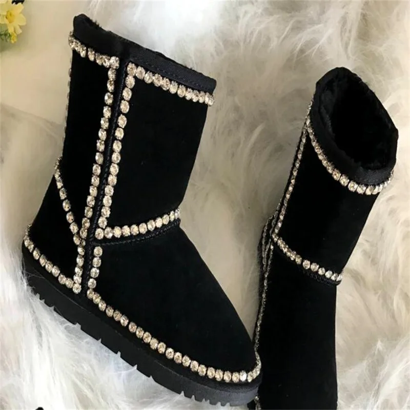 

Женские кожаные сапоги ручной работы Стразы, простые черные сапоги на меху, большие размеры 35-44