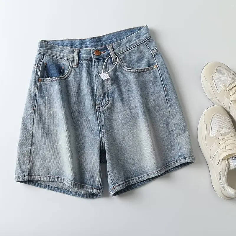Dave&Di American Retro Washed Old Contrast Denim Shorts Waist Casual High  Bermuda Women