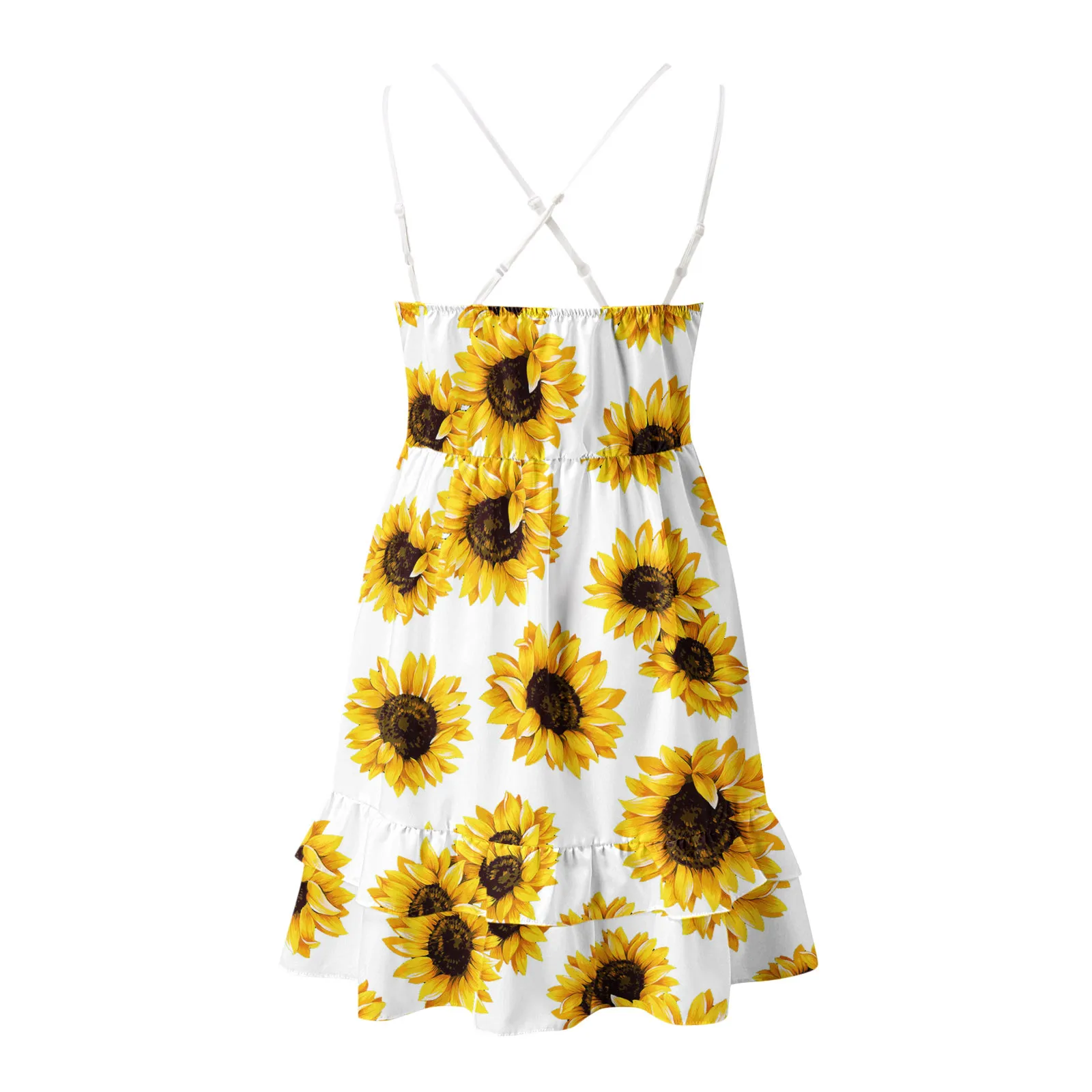 2022 Summer Deep V Neck Sunflower Print Lace Crochet Sleeveless Dress Women's Clothing Casual Party Sexy Beach Loose Sling Dress 6