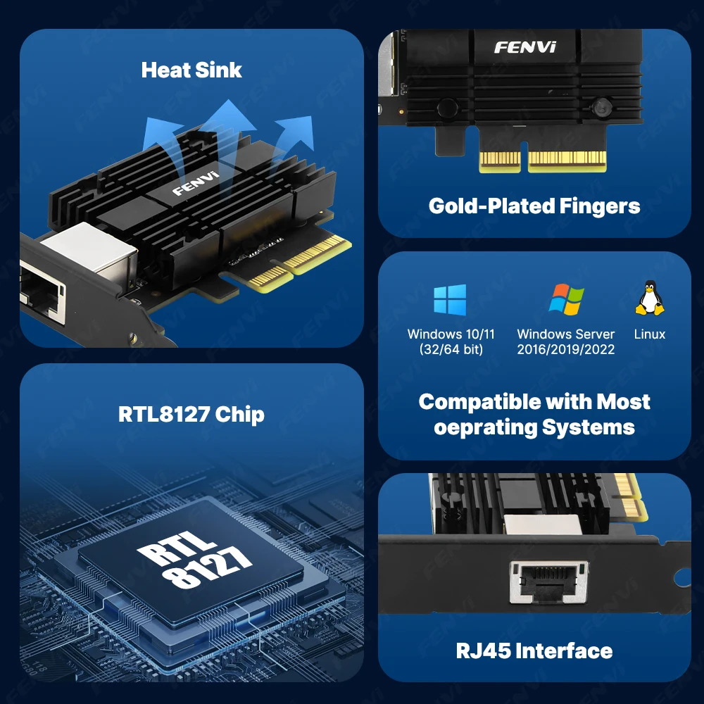 Фото Сетевая карта FENVI 10Gb PCIe 3.0 X4 RTL8127 RJ45 Ethernet LAN-адаптер Multi-Gig 10G/5G/2.5G/1Gbps для настольных ПК Windows/Linux №2