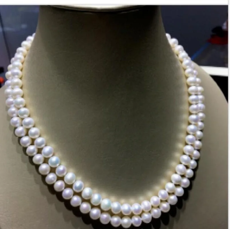 

20 inch Double strands AAAAA 7-8mm natural Akoya white pearl necklace 14K Clasp