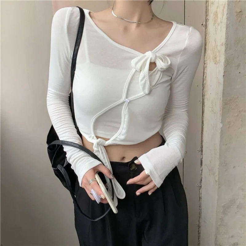 

Kio Summer Two Piece Set Women Korean Fashion Design Belt Long Sleeve Solid Short T-shirt All-match Small Vest Vestidos