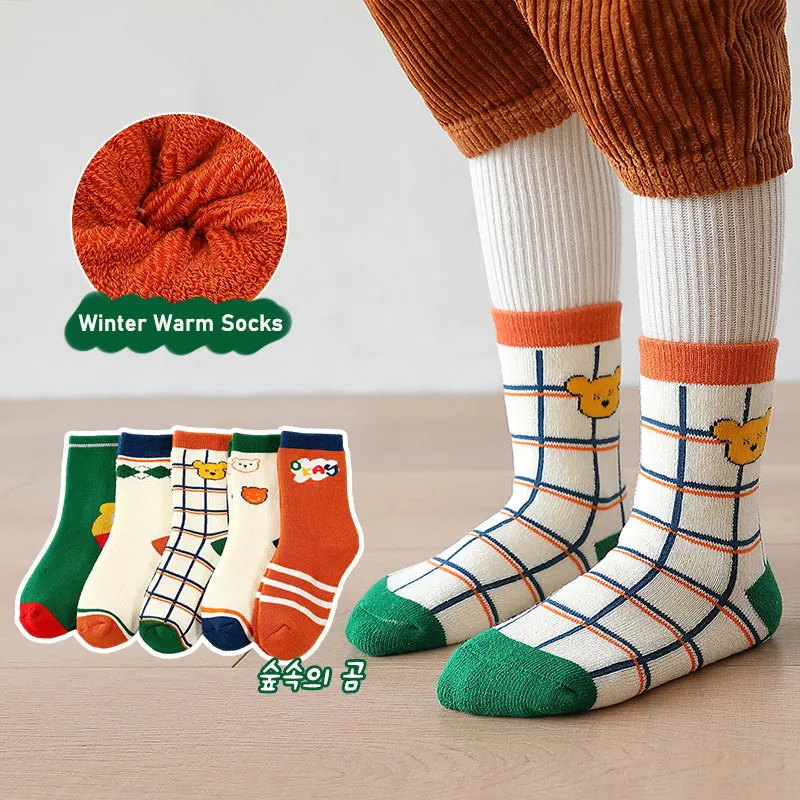 

5 Pairs/Lot Children's Socks Autumn Winter Thickened Warm Terry-loop Hosiery Combed Cotton Cartoon Boys Girls Winter Socks 3-12T