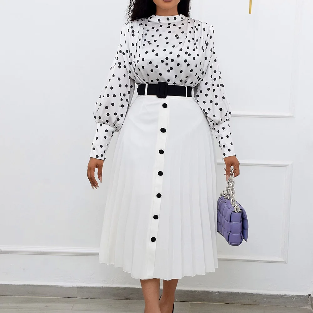 

Women Fashion Dress Spot Printing Single-breasted Patchwork With Belt Sound Neck Long Sleeve Pullover Spring A-line Lady Dress