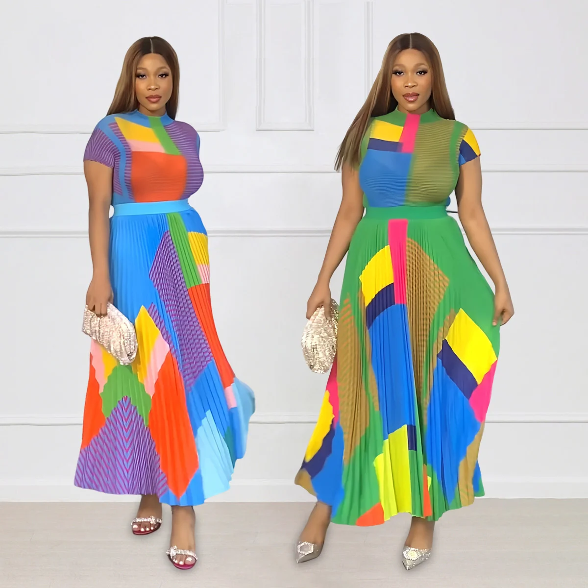 

Half high neck color matching slim fitting short T-shirt high waist pleated half length skirt women's two-piece set