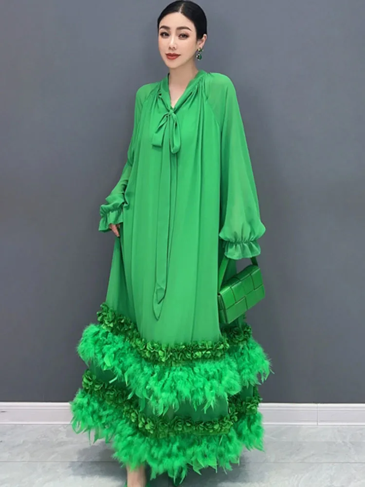 Женское шифоновое платье с длинным рукавом QING MO зеленое или белое широкой