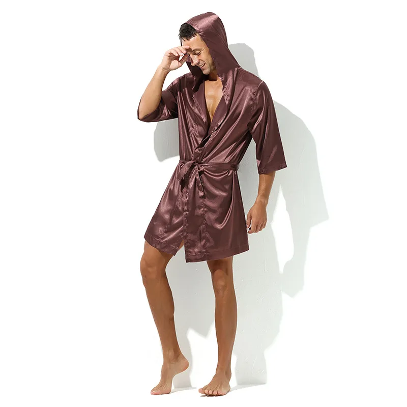 Men Pajamas Sexy Underwear Sleep Tops Unisex Bathrobe Home Wear Casual Loose Thin Silky Hooded Frenulum Sleepwear Kimono