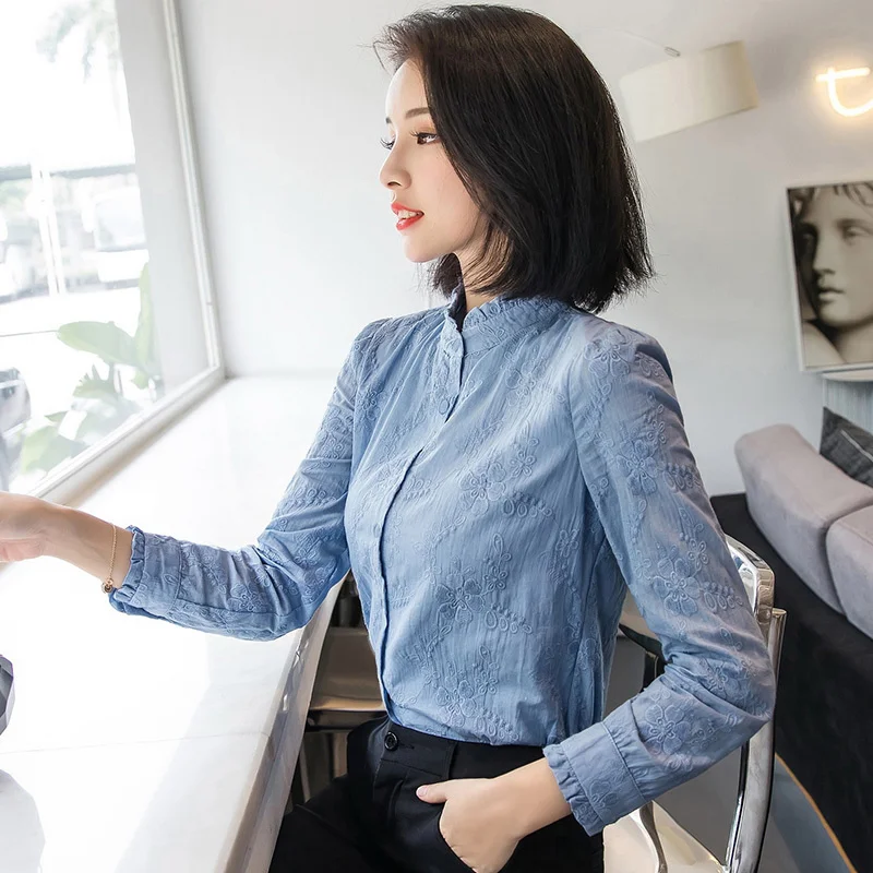 Платье с вышивкой из чистого хлопка рубашка длинным рукавом и воротником