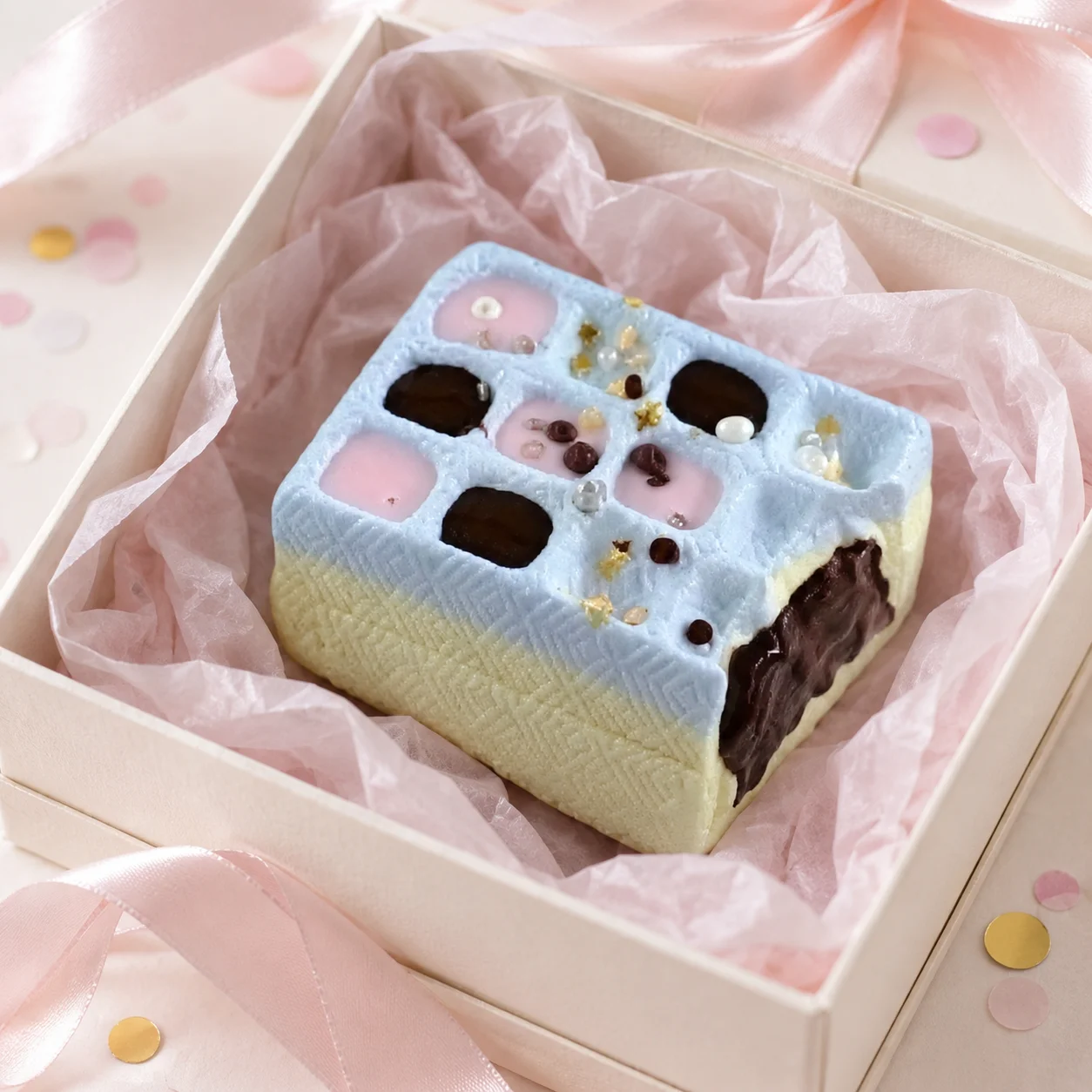 Фото Мягкая силиконовая игрушка-сквиш Kawaii Bite Square Pastry Mochi в форме шоколадного розового квадрата с сетчатым узором, пищевой силикон, для детей №4