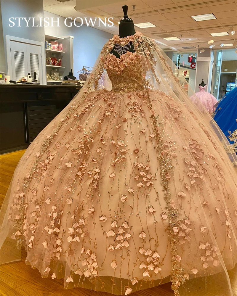 

Luxury Rose Gold Sweetheart Ball Gown Quinceanera Dresses Sparkly 3D Flowers Wedding Dress With Cape Vestido De 15 Anos Sweet 16