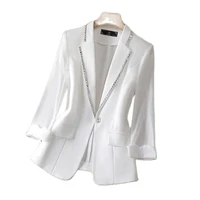 diamond encrusted blazer 2022 spring and summer new three quarter sleeve high end design fashion white suit jacket black blouser