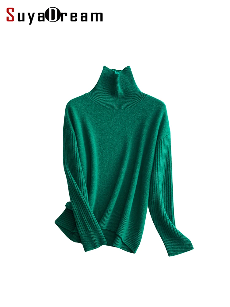 SuyaDream Women 100%Basulam Wool Pullovers Turtleneck Sweaters 2022 Fall Winter Heavy Warm Top Christmas Red Green