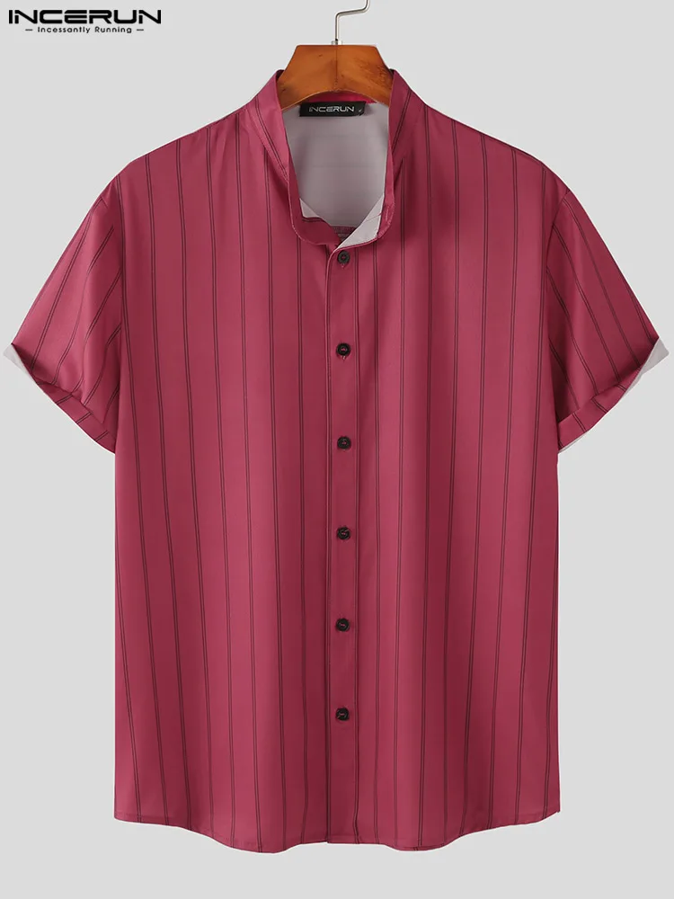Korean Style New Men Casual Striped Blouse Fashion Male Hot Sale Stand Collar Short Sleeve Button Shirts S-5XL INCERUN Tops 2022