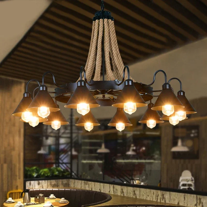 KERWIN American Style Retrohemp Rope Chandelier Nostalgic Loft Industrial Internet Cafe Restaurant Hot Pot Shop Pendant