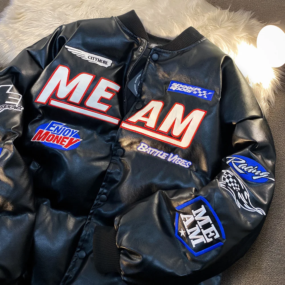 American Style Hip Hop PU Parkas Men's Winter Ins Single Breasted Loose Letter Patchwork Design Jackets Overcoats White Black