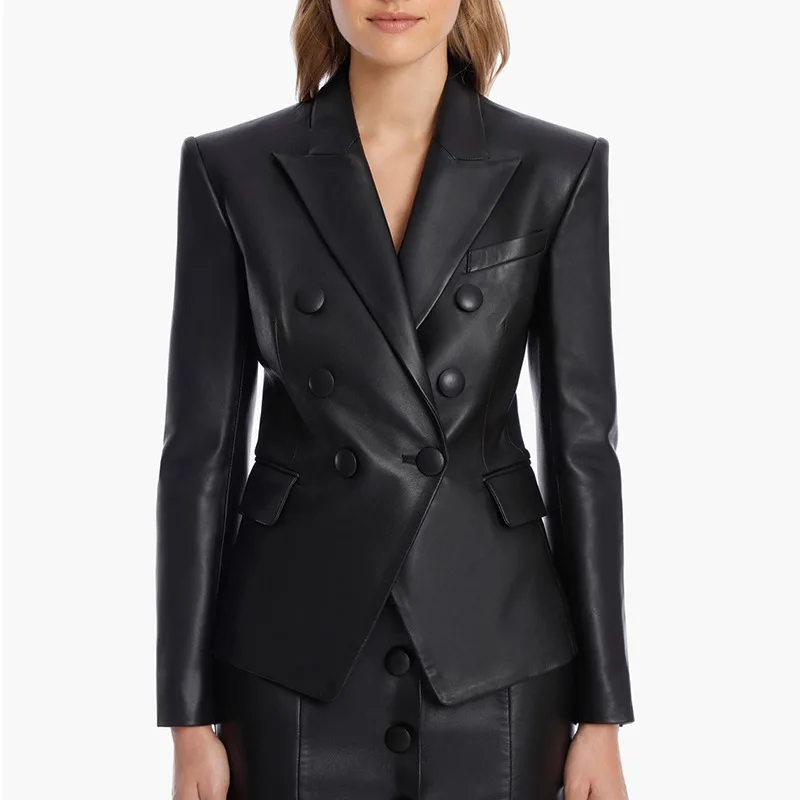 

Винтажная модная женская двубортная куртка из искусственной кожи в британском стиле 2023