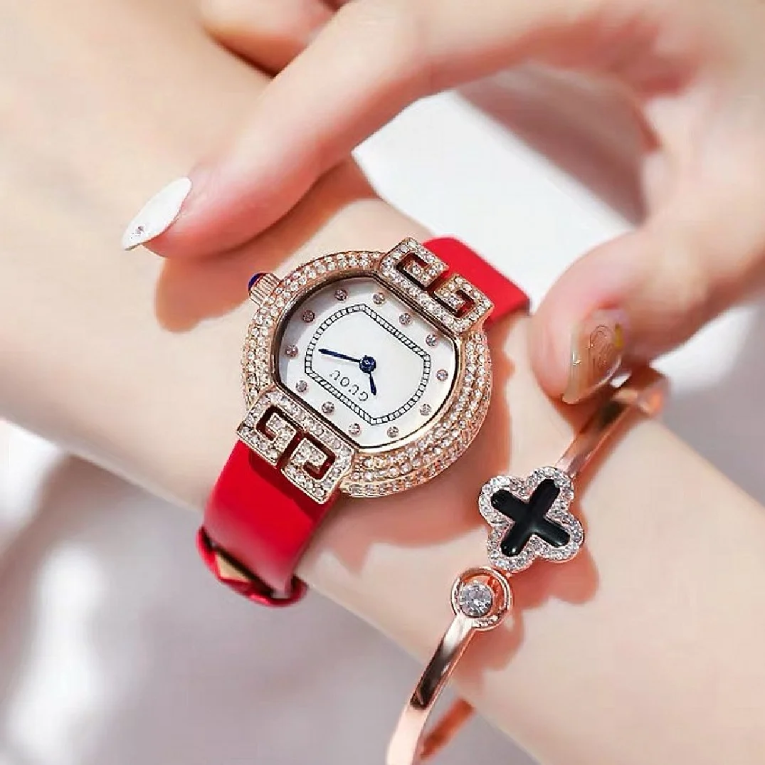 2021 Fashion Guou Top Brand Women Clock With Diamond Gold Leather Ladies Luxury Casual Women's Bracelet Watches Relogio Feminino enlarge
