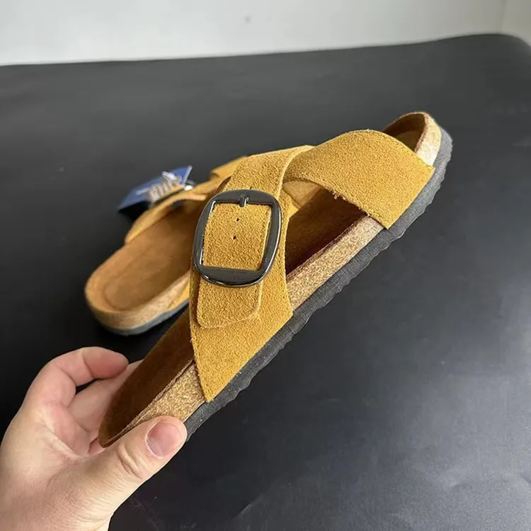 New Summer Women's Cow Suede Leather Cork Sandals Two Buckle Flats Sandals Women Retro Roma Style Fashion Slides Women