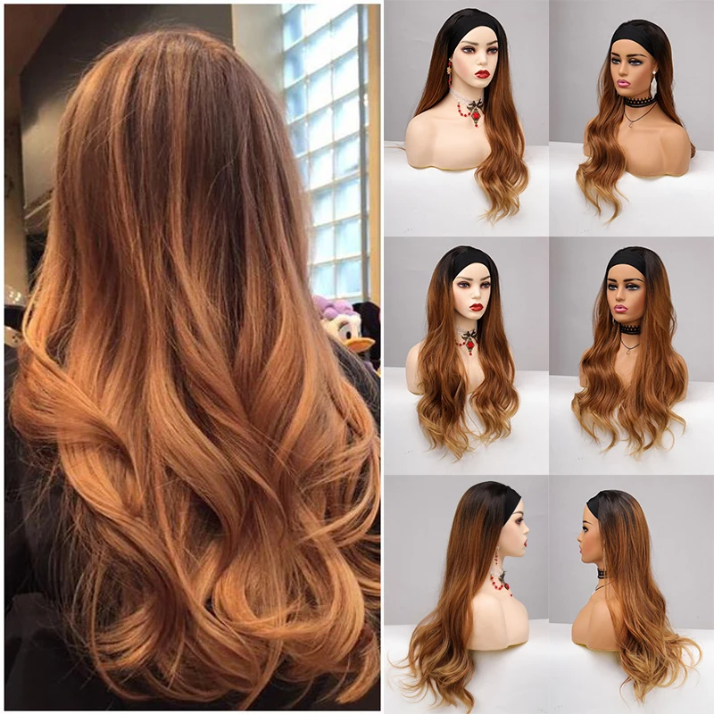 

MANWEI Syntheic Headband Wig Everyday Wear Brown Off-white Long Curly Waves For Women Soft and Breathable