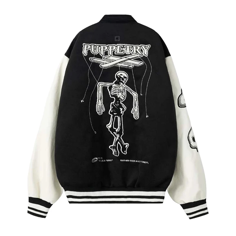 

Skull Embroidered PU Leather Panel Sleeves Varsity Jacket Men Women American Campus Contrasting Colors Loose Bomber Lapel Coat