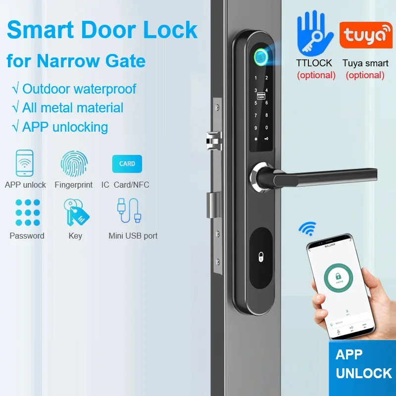 Фото Умный дверной замок TTLock/Tuya, биометрический водонепроницаемый цифровой электронный замок с отпечатками пальцев, приложение IC-карта, пароль, замок из алюминиевого сплава №2