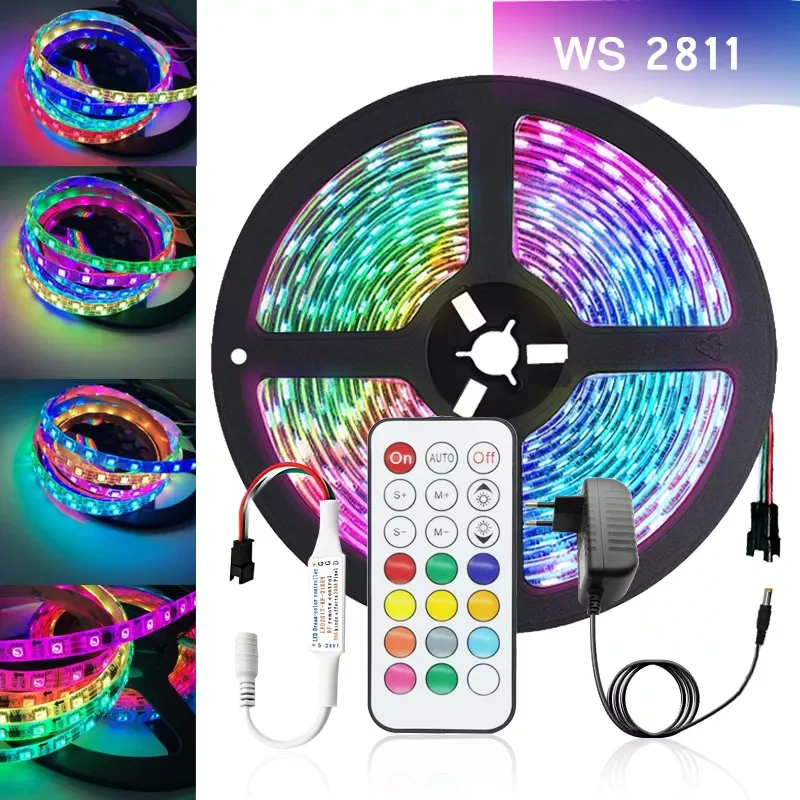

Dream Color WS2811 Individually Addressable LED Light Strip RGBIC DC12V Diode Tape Bluetooth Controller+Adapter For Home Party