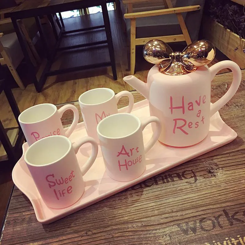 

Bone China Afternoon Tea Set Colorful Cup And Saucer Set Coffee Cups Bowknot Lid Teapot Graceful Drinkware With Big Tray set