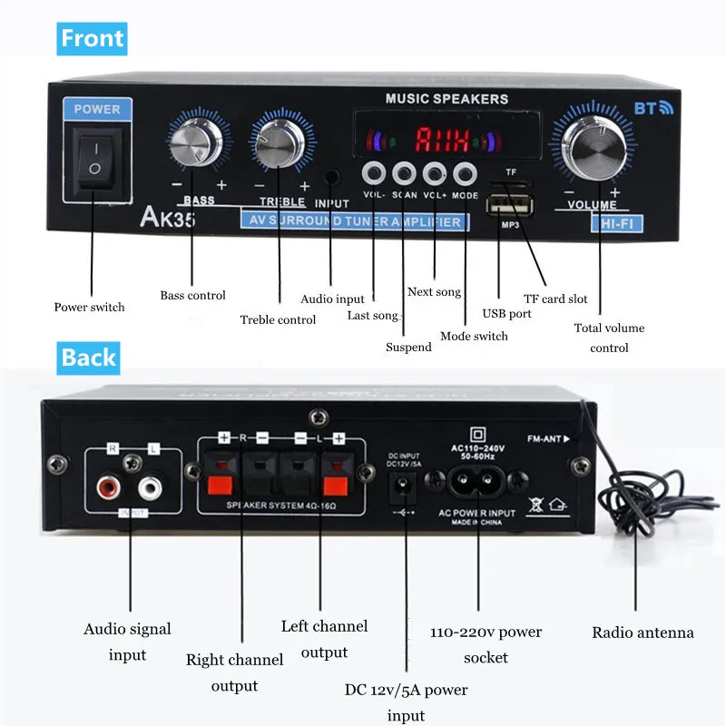 Цифровой аудиоусилитель AK35 с микрофоном 800 Вт Bluetooth 5 0 Hi-Fi FM |